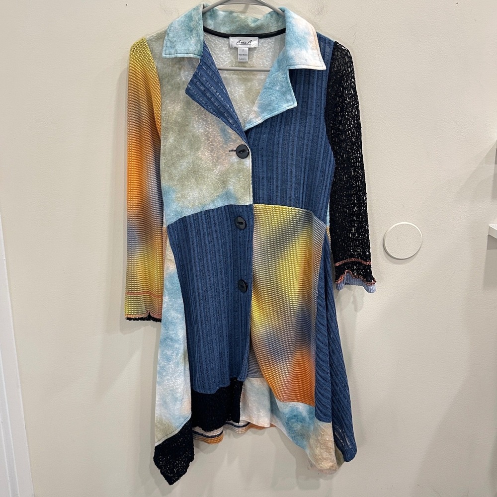 Ania A Patchwork Mixed Knit Cardigan Tunic Dress Multicolor Sharkbite Hem Boho S